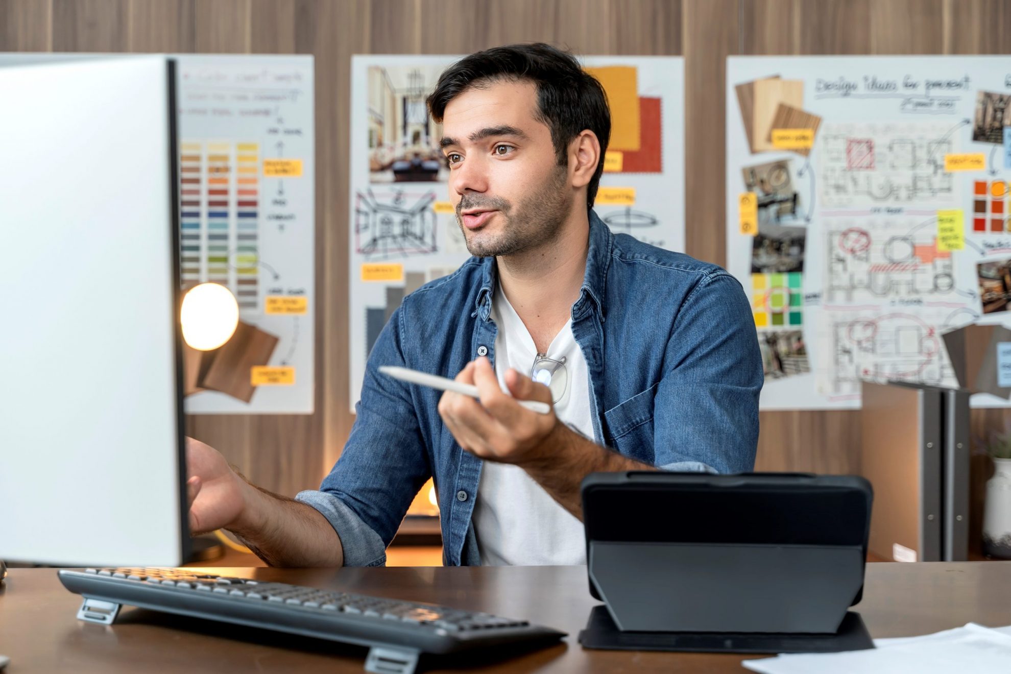 Man in front of computer holding stylus pen illustrates blog ``What Is a Brand Story? Do You Need One?``