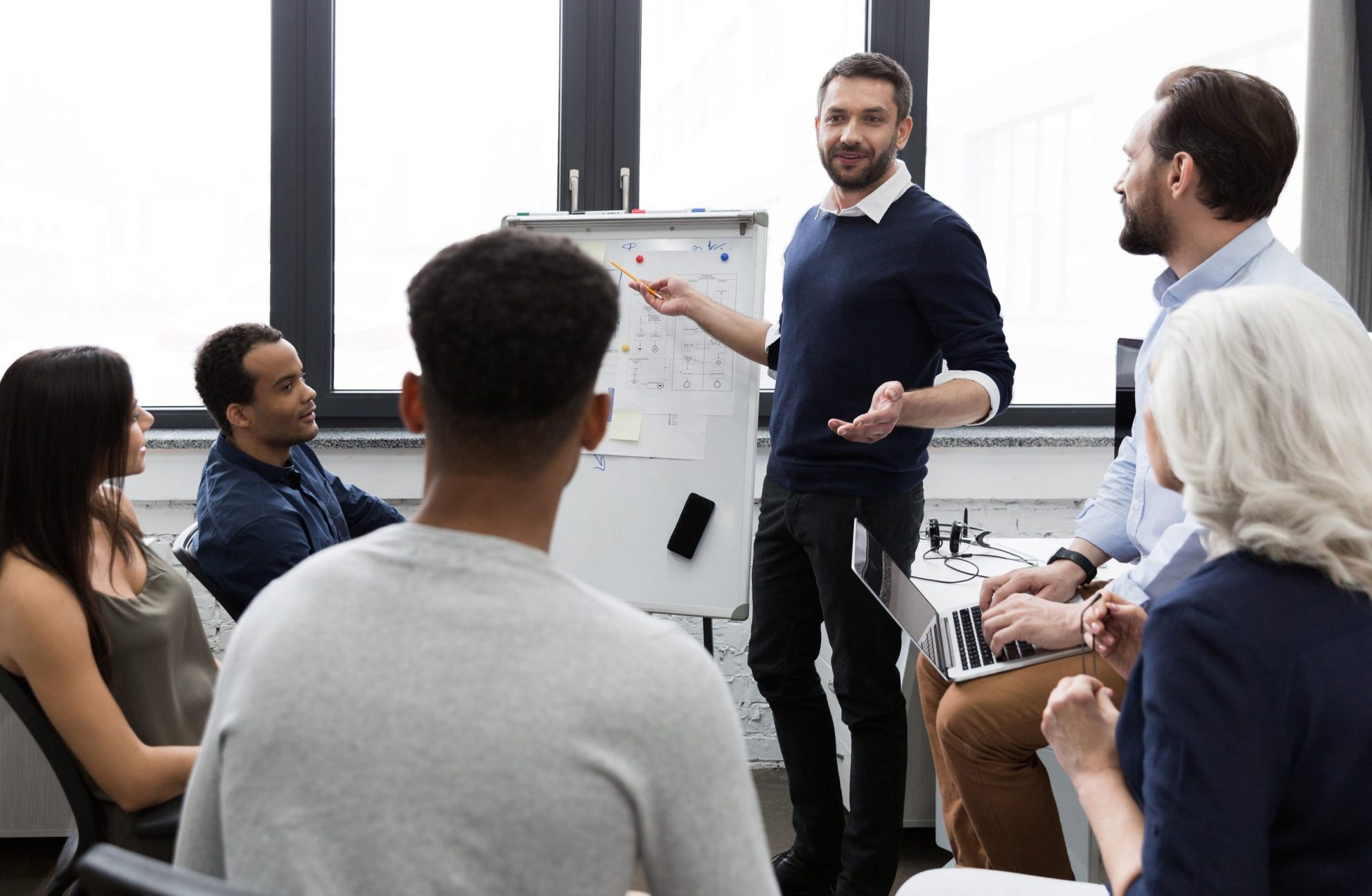 Photo of team during a meeting illustrates blog: ``Make Team Meetings More Engaging``
